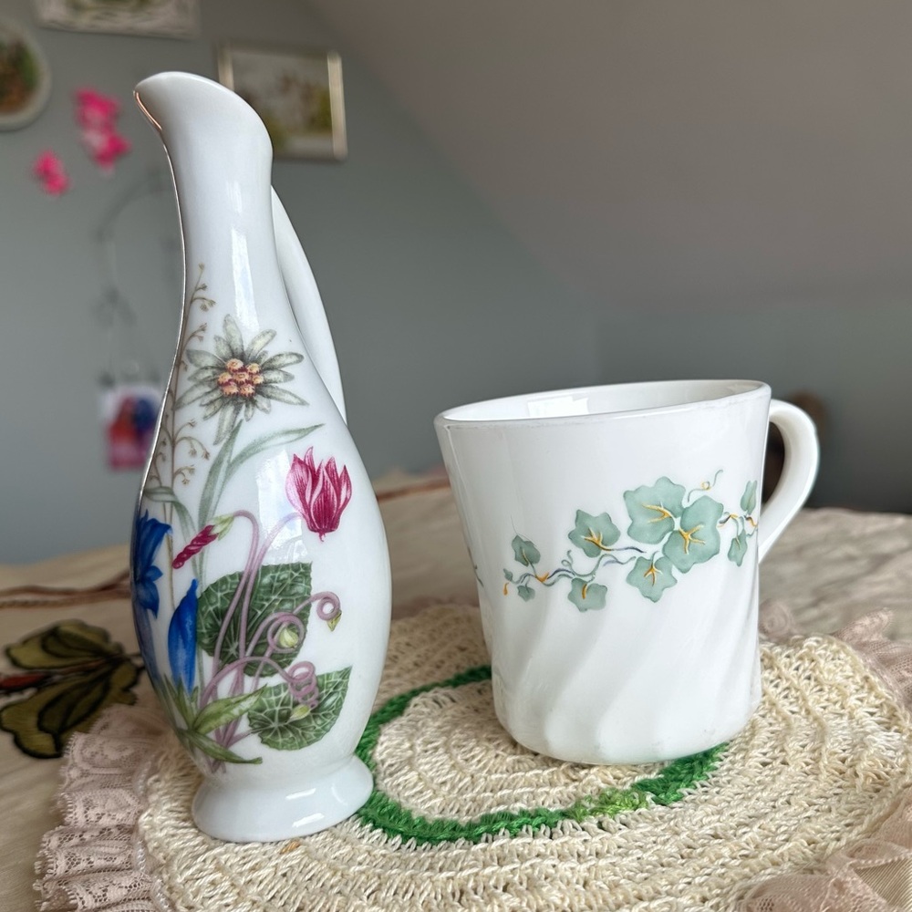 3/$25 - White and Green Floral Mug and Bud vase